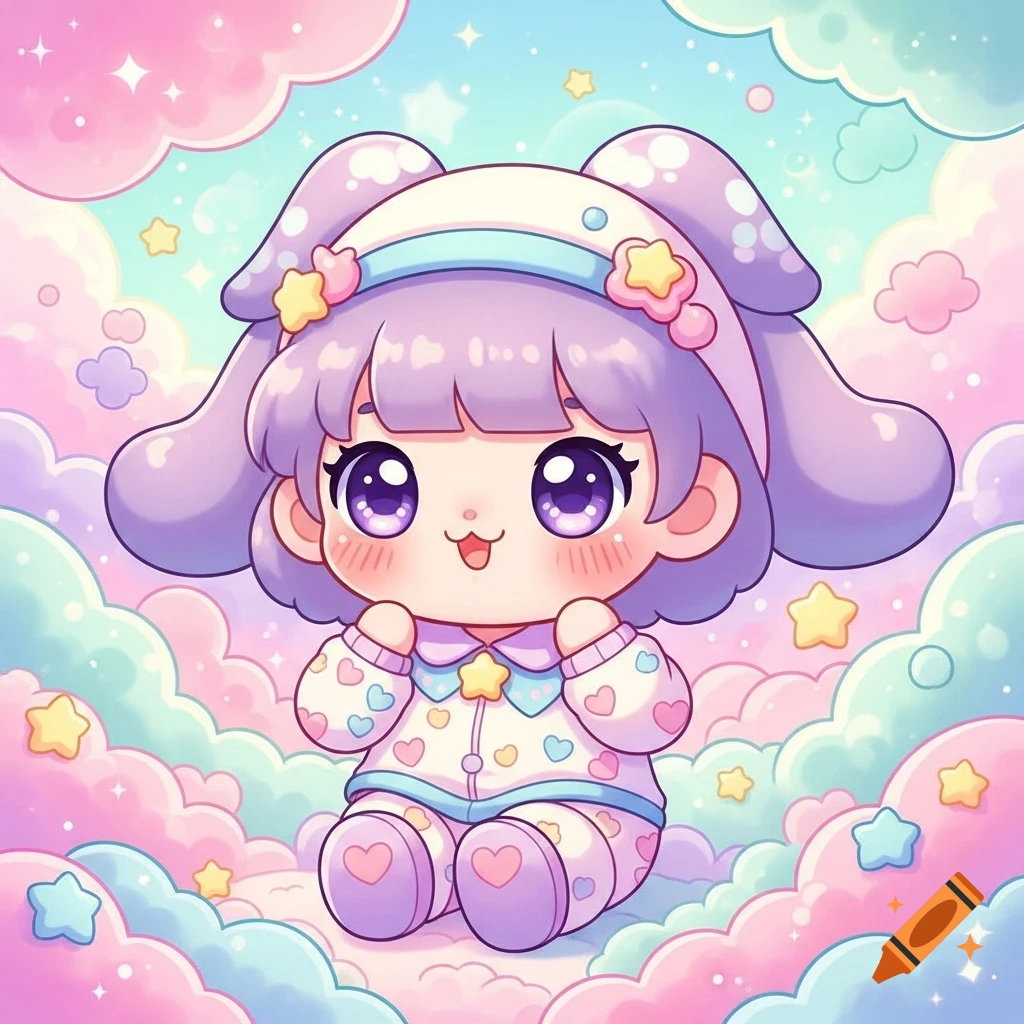 Kawaii anime illustration of a chibi character with purple hair and big eyes, wearing pastel pajamas, sitting among colorful clouds and stars.