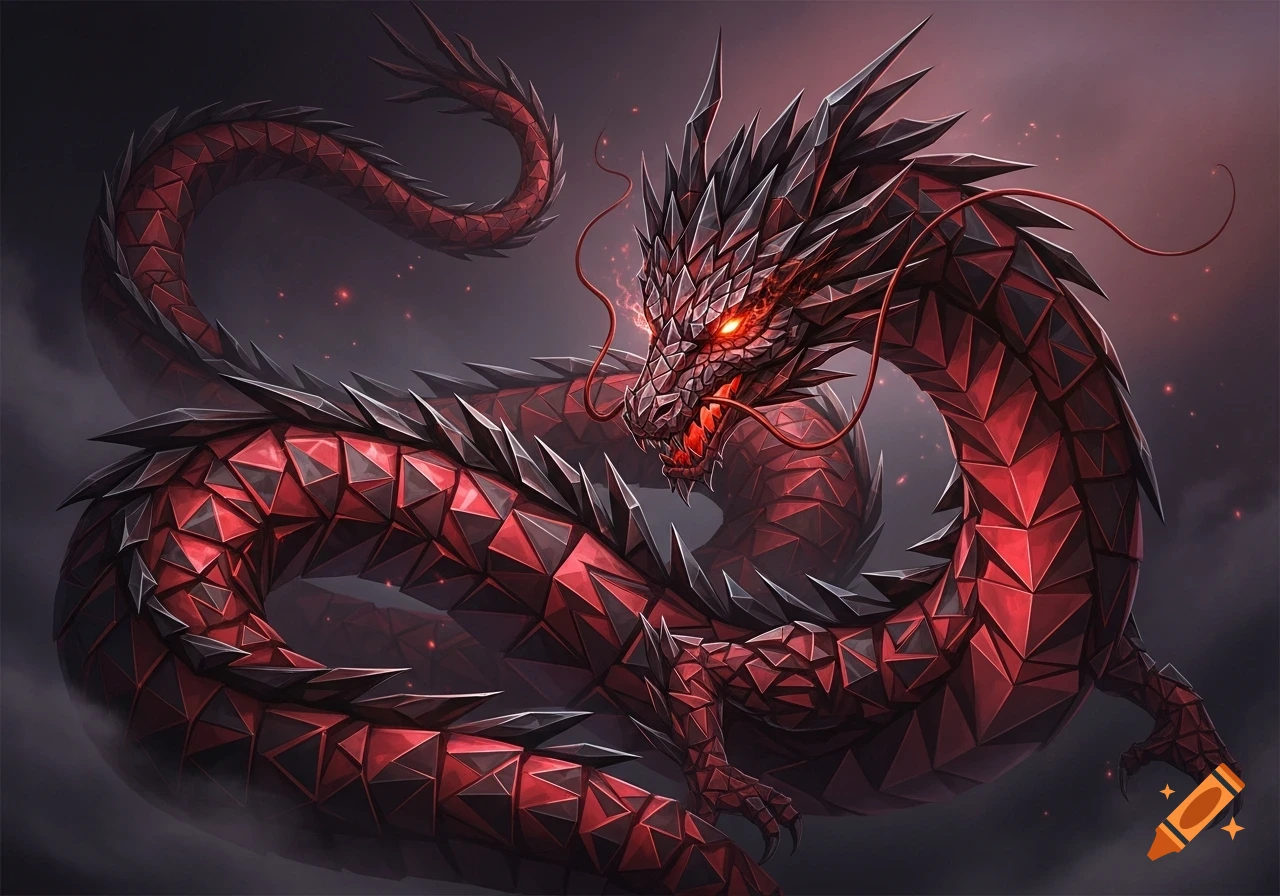 A formidable dragon crafted from shimmering red and black geometric triangles, with glowing red eyes and sharp spikes, against a dark background.