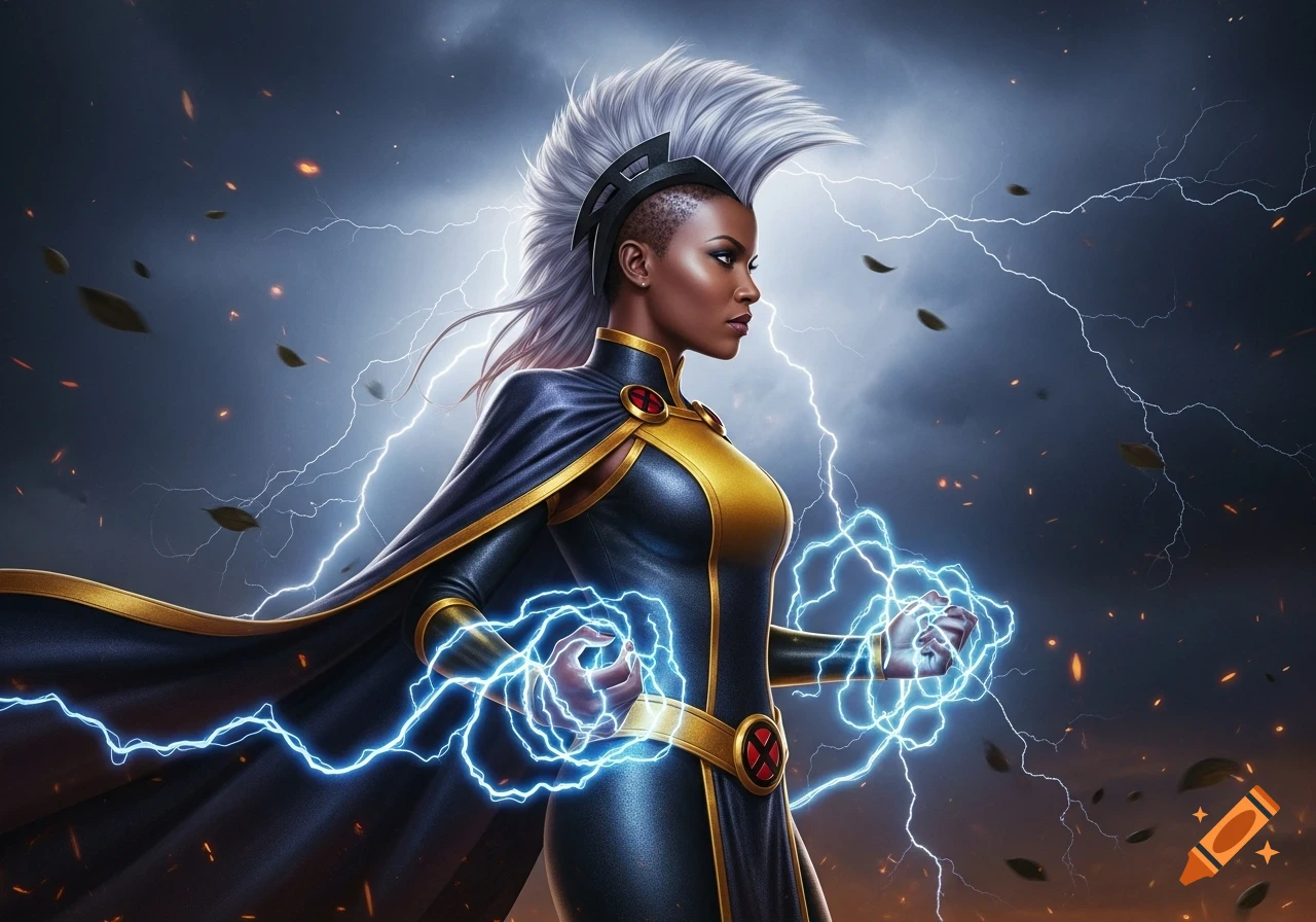 Storm, a superheroine with a white mohawk, clad in a black and gold suit and cape, conjures lightning in a stormy sky. Detailed digital art.