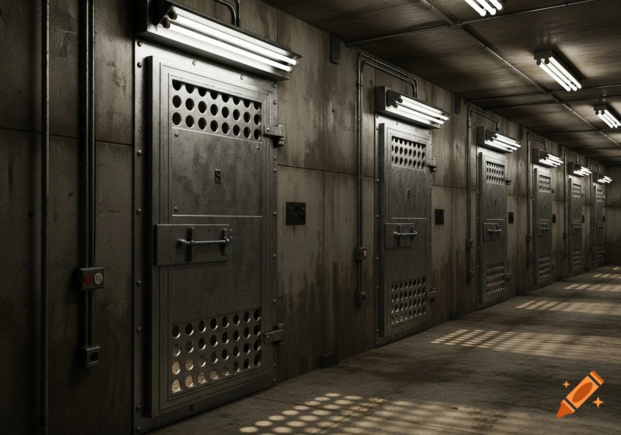 Dark, grungy prison hallway with a row of metal cell doors, lit by fluorescent lights, casting shadows on the concrete floor.