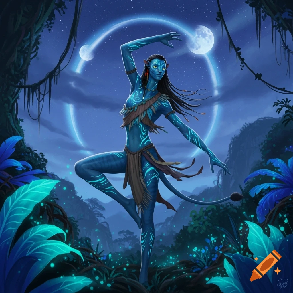 A graceful blue-skinned Na'vi woman with glowing patterns poses in a dark, bioluminescent alien jungle under two moons.