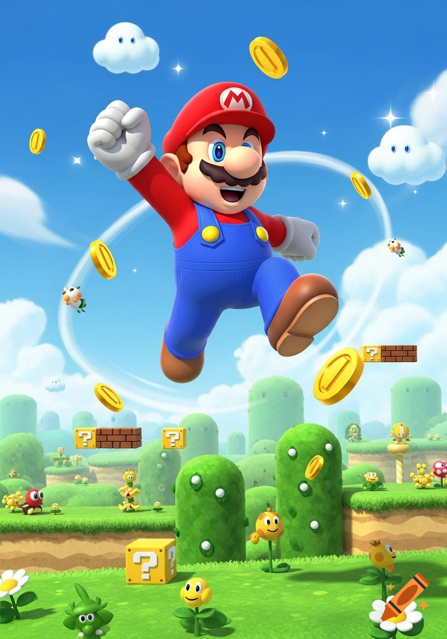 Mario jumps energetically in a vibrant, cartoonish Super Mario Bros. landscape, surrounded by floating coins and question blocks.