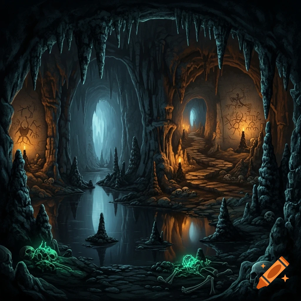 A dark fantasy cave with glowing water, numerous stalactites and stalagmites, ancient cave paintings, and scattered skeletal remains.