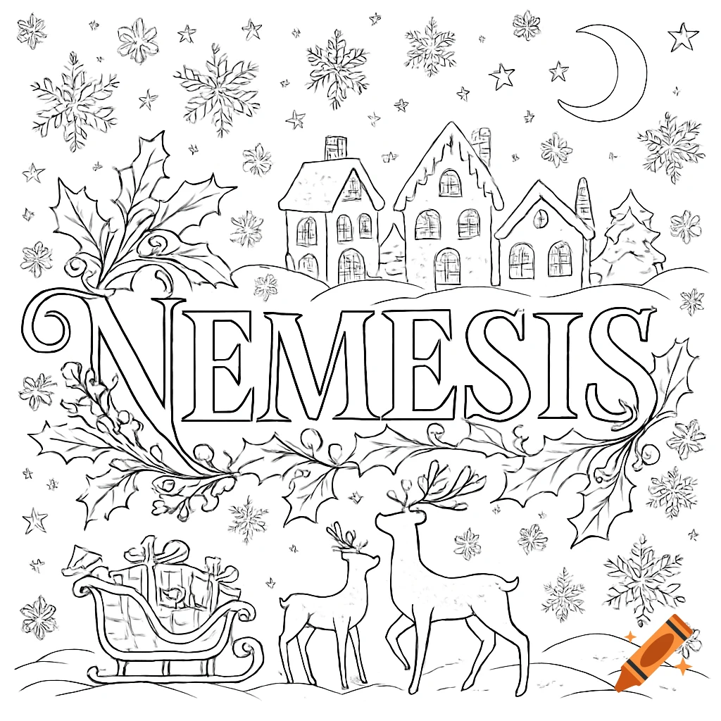 A black and white Christmas coloring page featuring the word 'NEMESIS', snowy houses, snowflakes, two reindeer, and a sleigh filled with gifts.
