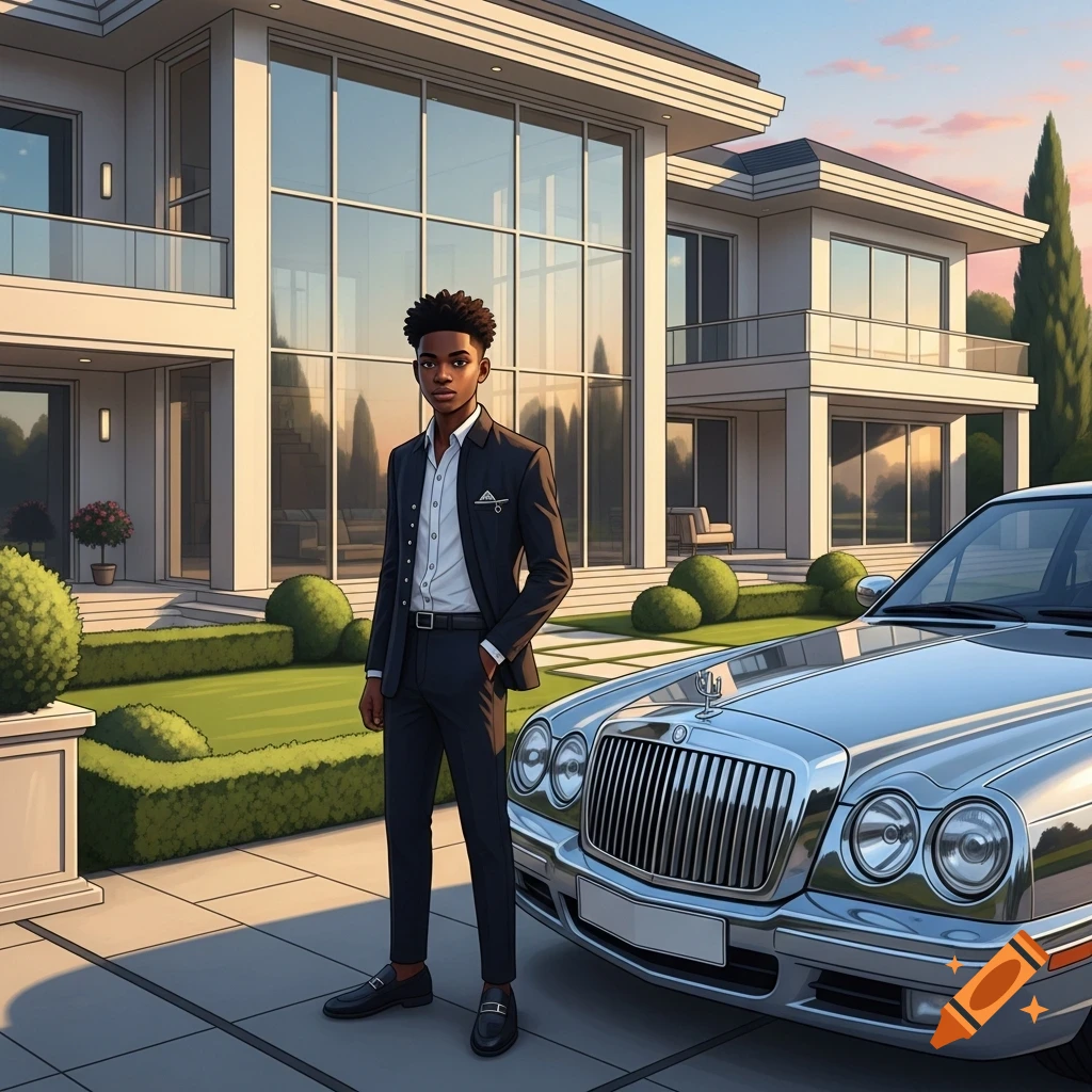 A confident, well-groomed young Black man in a suit stands next to a silver luxury car in front of a modern villa, digital art.