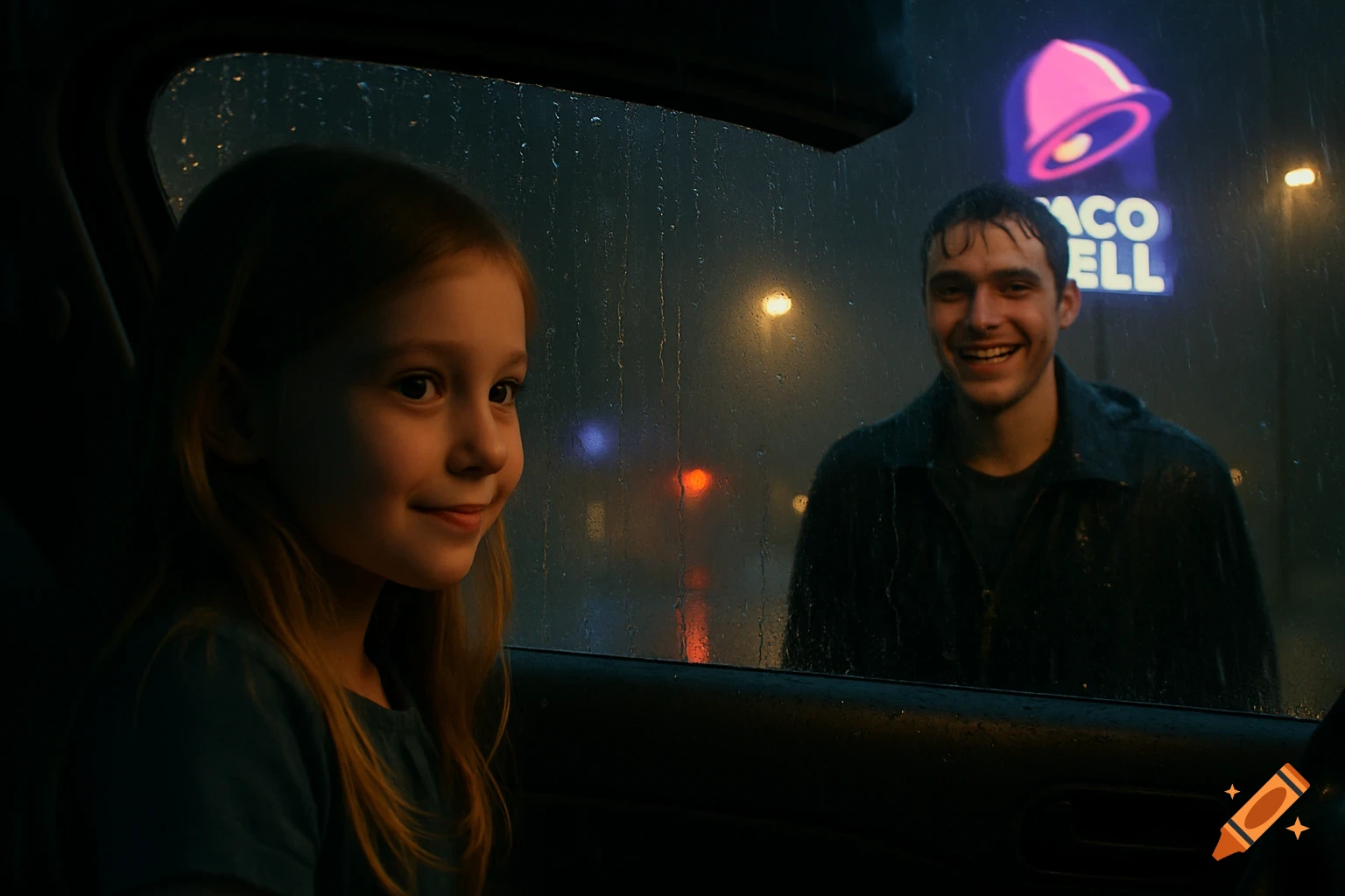 Smiling young girl in a car and a man in the rain outside, a Taco Bell sign glowing in the background on a dark night.