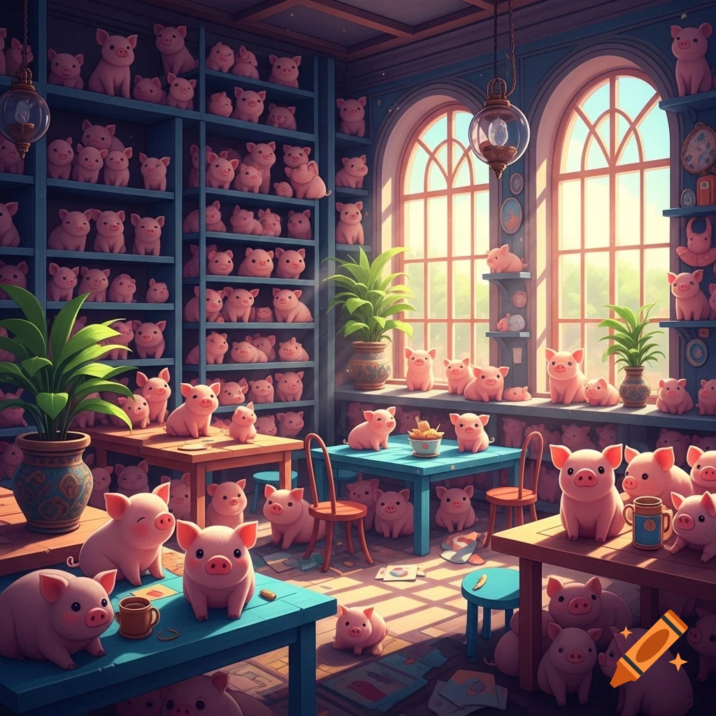 Hundreds of pink, cartoonish pig figurines fill a cozy, sunlit room, arranged on shelves, tables, and the floor.
