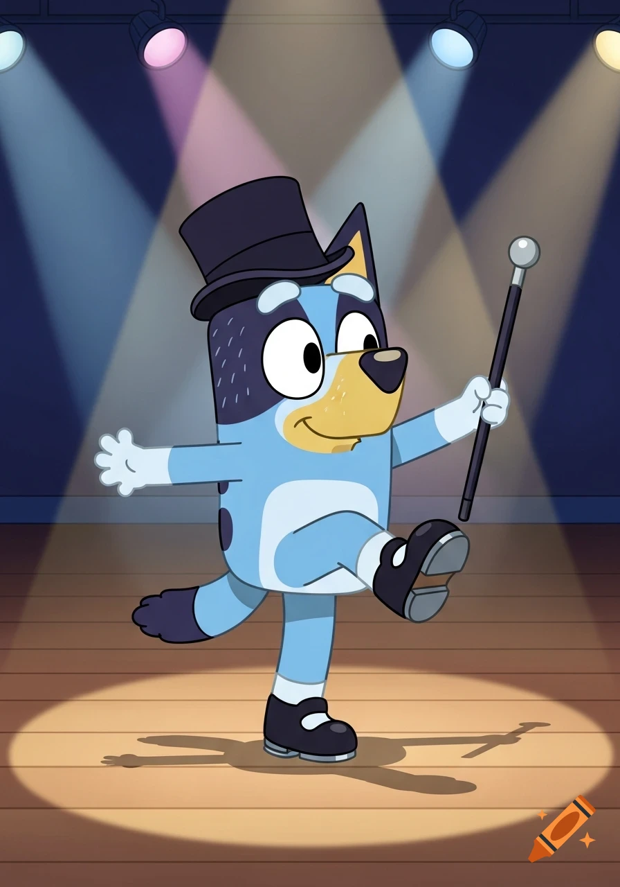 Bluey, a cartoon blue dog, tap dancing on a wooden stage under spotlights, wearing a top hat and holding a cane.