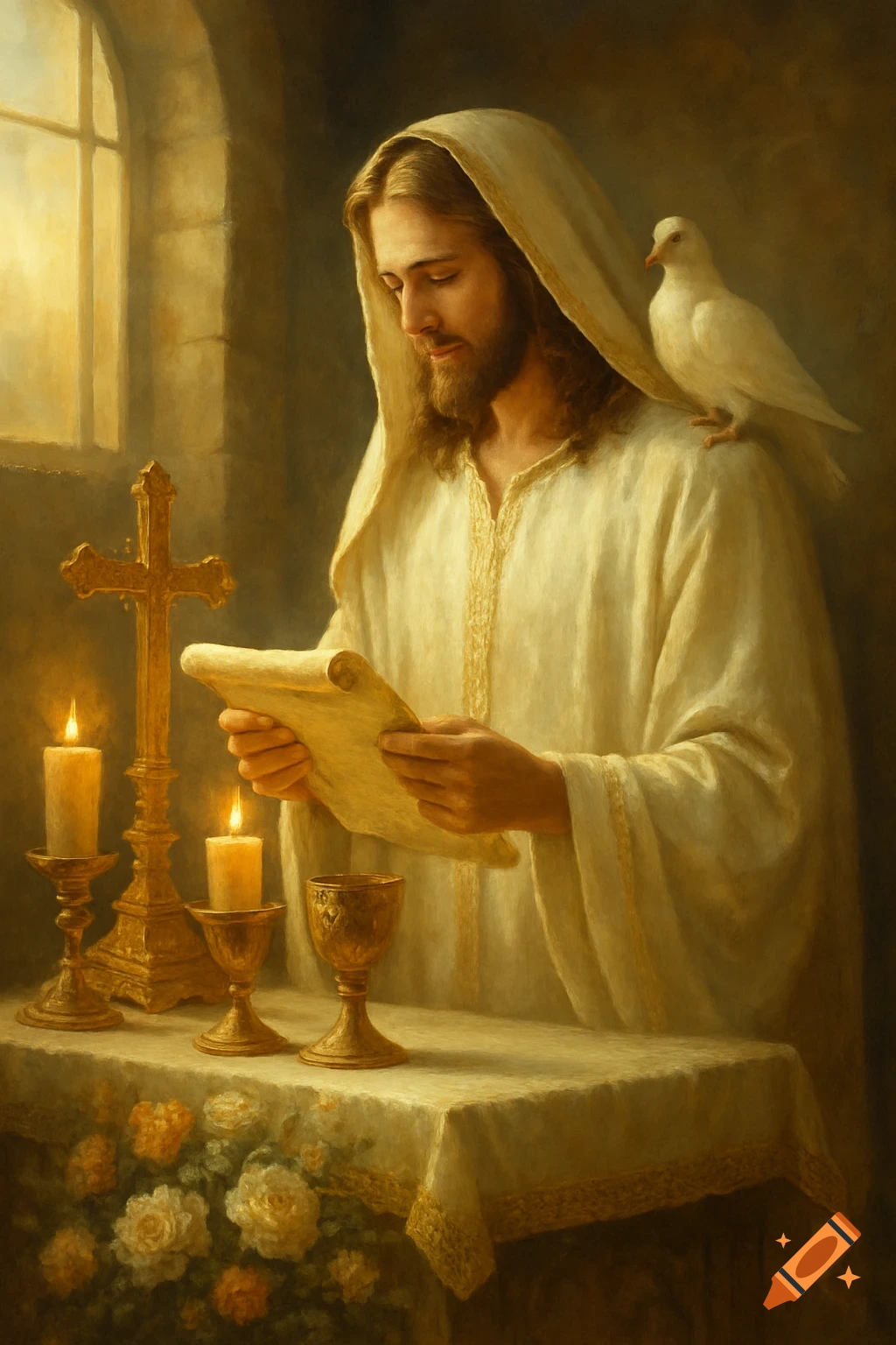 Jesus, in a white robe, reads a scroll on an altar with candles and a golden cross, a dove on his shoulder, painted in a classical style.