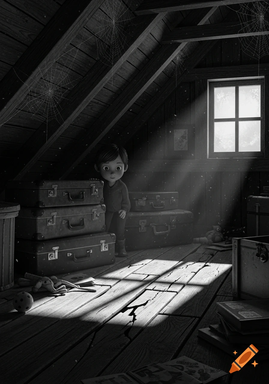 Black and white cartoon of a boy hiding behind suitcases in a dusty attic, sunbeams shine through a window.