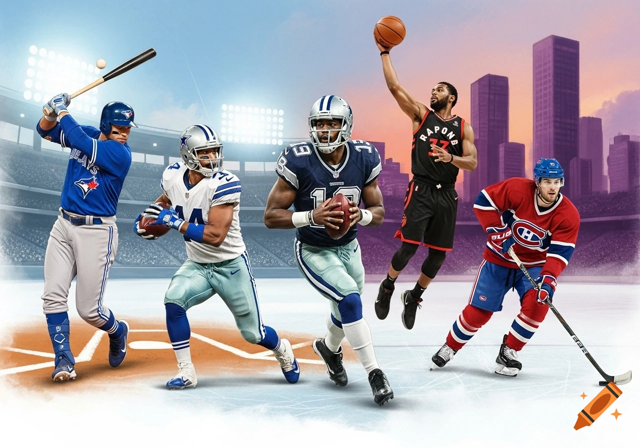 A composite image of athletes from baseball, American football, basketball, and ice hockey in action, wearing team uniforms against a stadium and city skyline background.