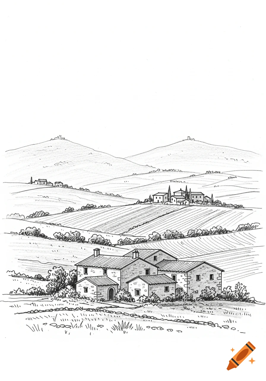 A black and white pencil sketch of a serene rural landscape with stone houses, rolling fields, and distant hills.
