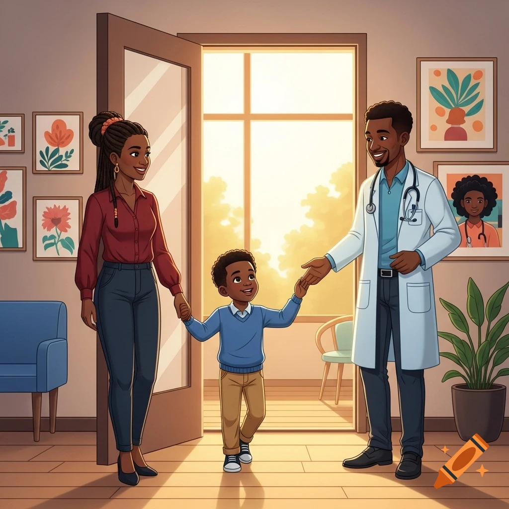 Cartoon of a Black mother and son entering a bright doctor's office, greeted by a Black male doctor.