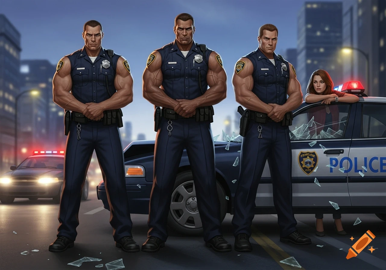 Three muscular policemen in sleeveless uniforms stand in front of a crashed police car with shattered windows, while a woman leans from the passenger side, in a digital art style.