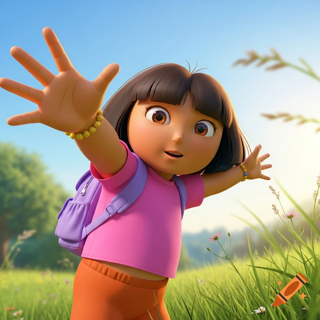 3D animated Dora the Explorer in a sunny green field, reaching out with arms wide open, wearing a pink shirt and purple backpack.