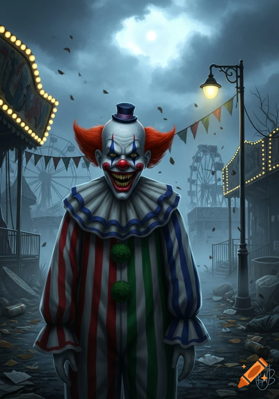 A creepy clown with a sharp tooth smile stands in a dark, abandoned carnival at night under a full moon with falling leaves.