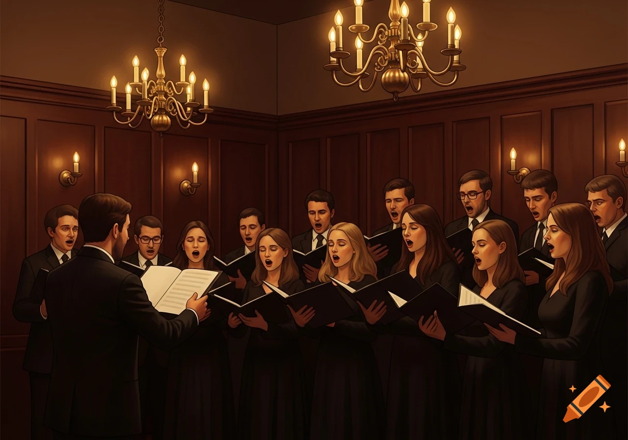 A chamber choir, led by a conductor, sings with open mouths, holding music sheets in a warm, dimly lit room with chandeliers.
