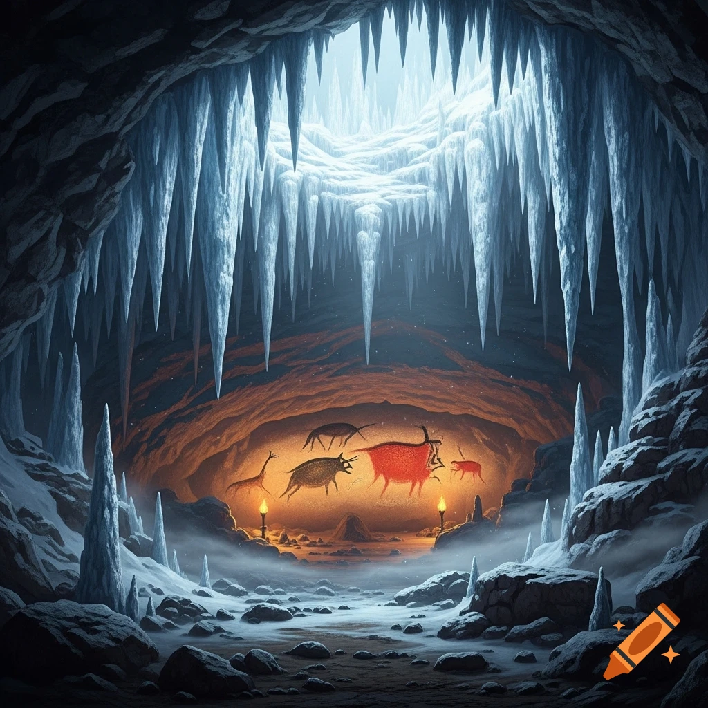 A mystical ice cave with large stalactites, icy ground, and ancient cave paintings of animals on a rear wall, lit by torches.