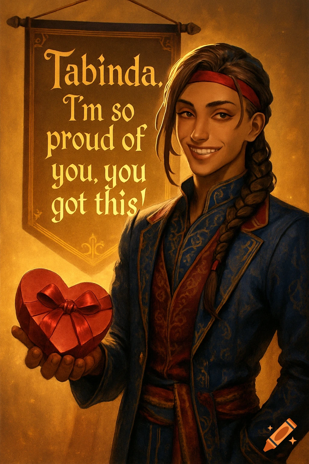 A smiling person with a braid, wearing a blue and red ornate coat, holds a red heart-shaped gift box. Behind them, a banner reads "Tabinda, I'm so proud of you, you got this!"