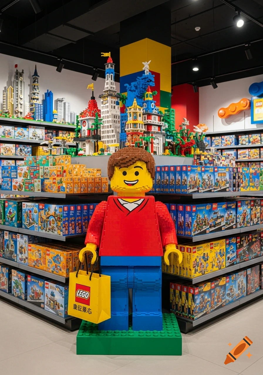 A life-size Lego man figure holding a yellow Lego shopping bag in a vibrant Lego store, surrounded by colorful Lego sets and models.
