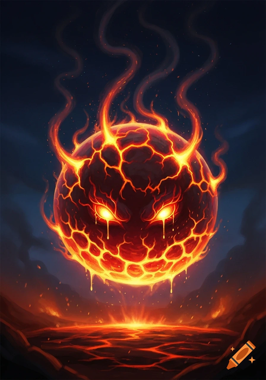 A menacing, cracked lava orb with glowing yellow eyes drips molten material over a fiery landscape.