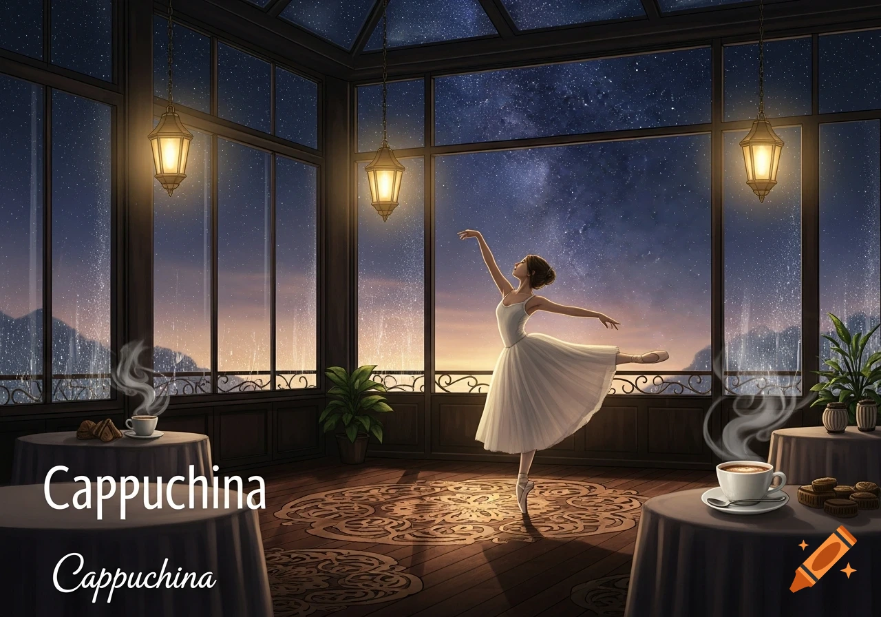 An illustration of a ballerina dancing en pointe in a glass conservatory under a starry night sky, with coffee on tables.