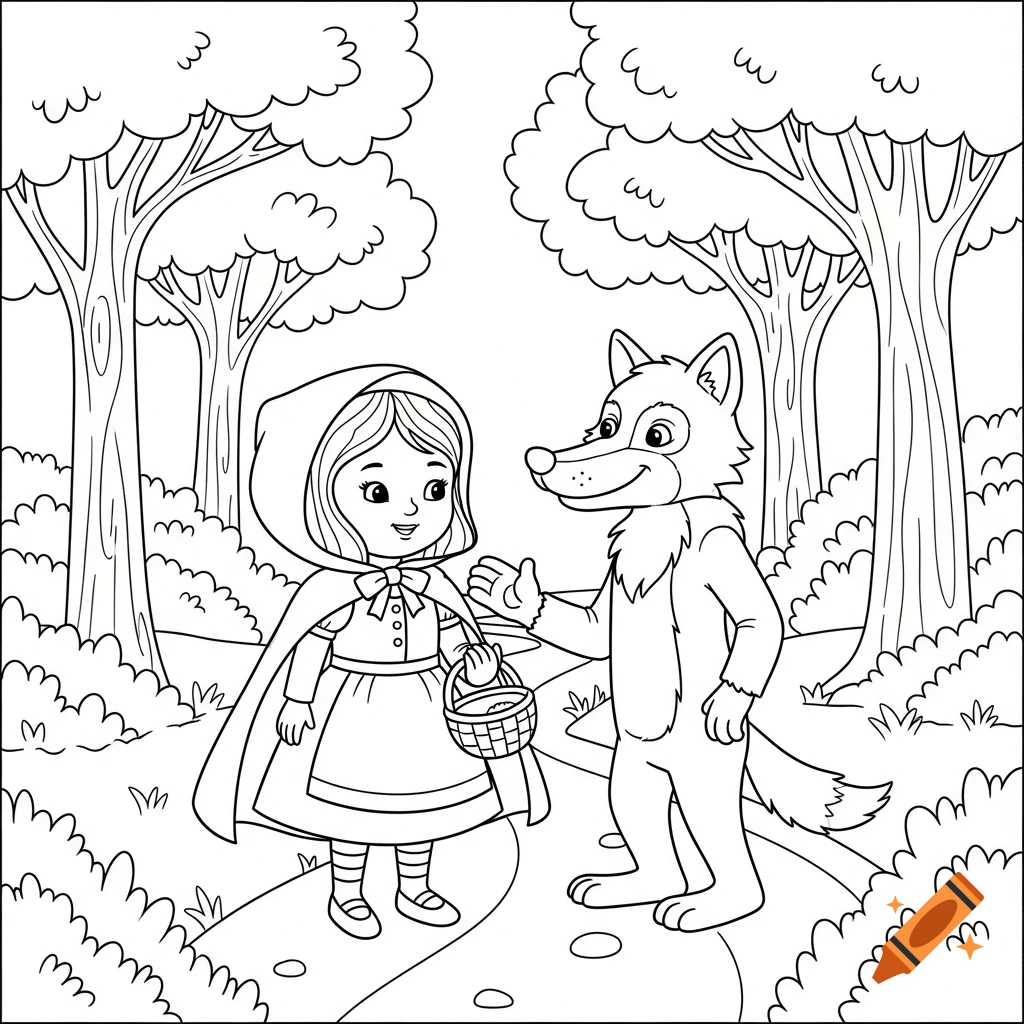 Black and white coloring book drawing of Little Red Riding Hood meeting a friendly wolf on a path in the woods.