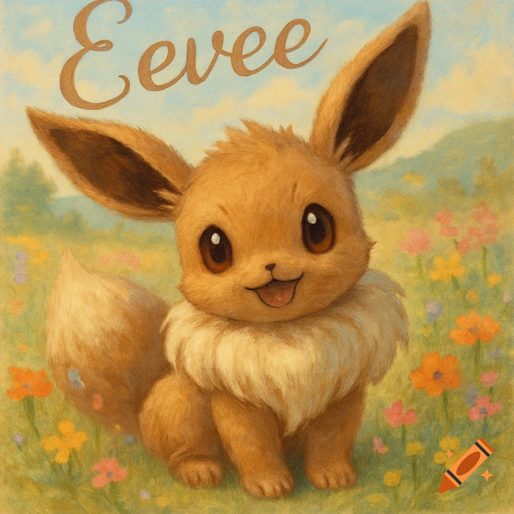 A cute brown Eevee sits smiling in a pastel wildflower field under a blue sky, with "Eevee" written above.