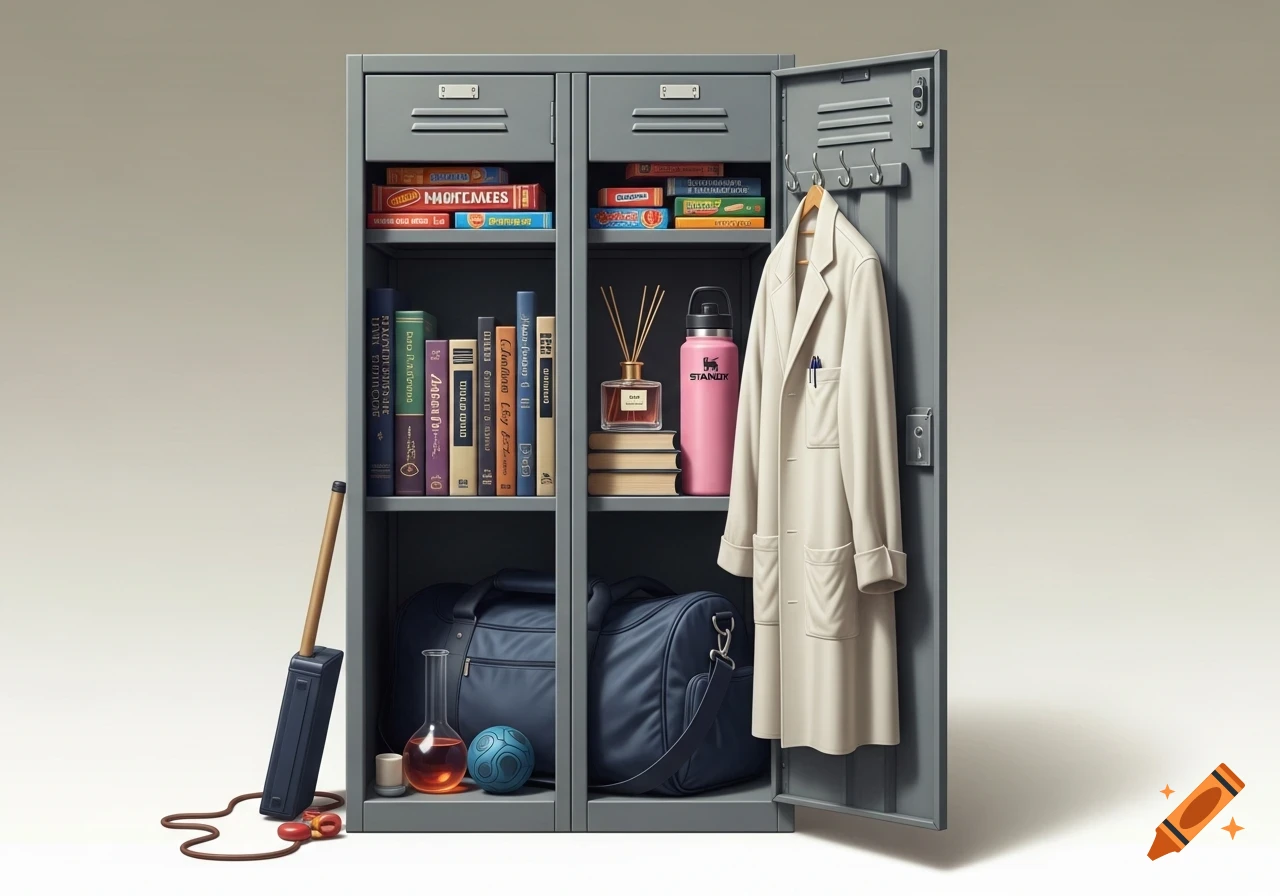 An open grey locker with shelves holding books, game boxes, a perfume diffuser, a pink water bottle, and duffel bags. A lab coat hangs inside the door, and a stick with a cord and red berries are on the floor.