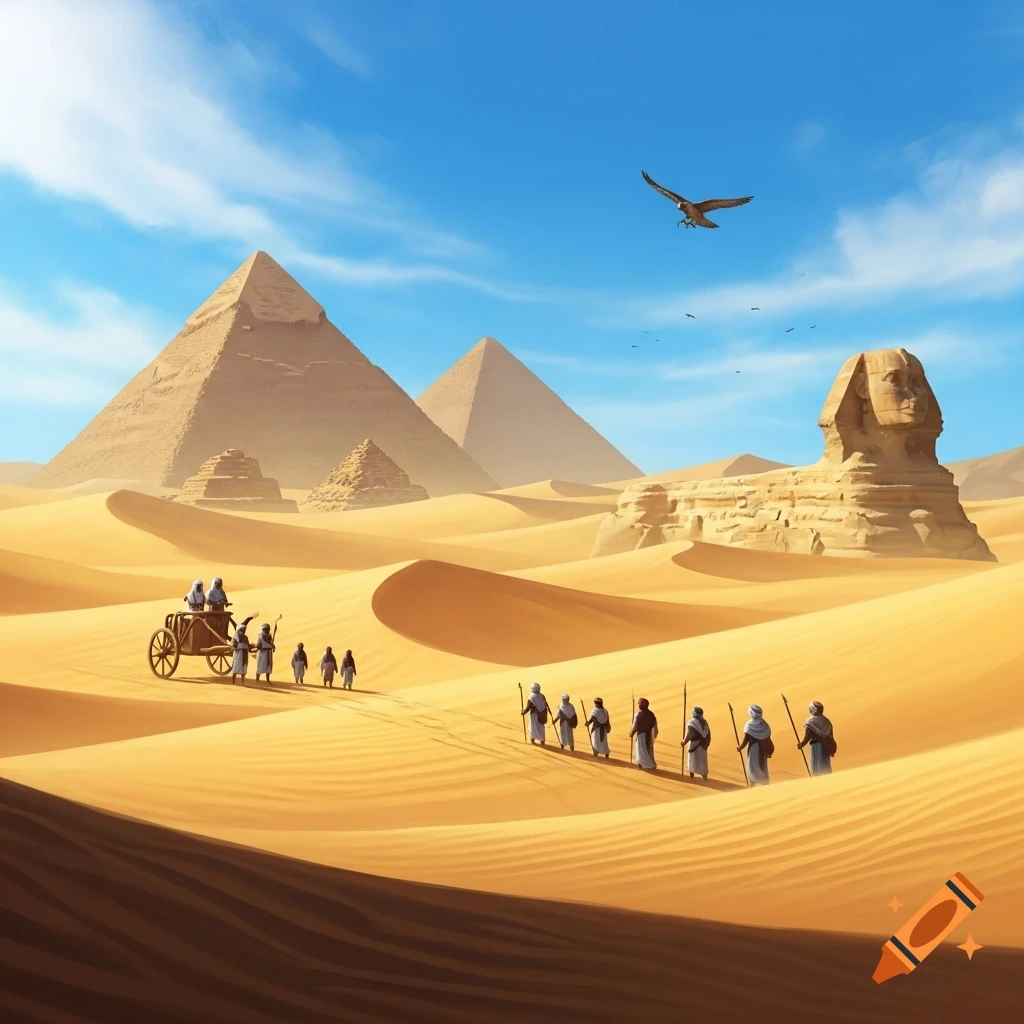 A desert landscape with the Great Sphinx and pyramids under a blue sky. People walk alongside a cart on sand dunes, with a bird flying above.