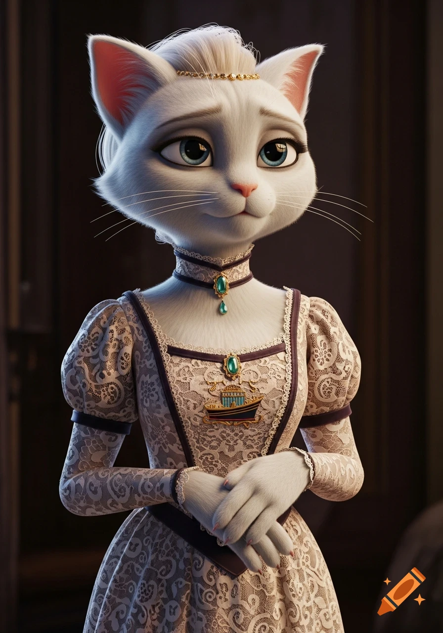 An anthropomorphic white cat in an elegant Edwardian-era lace dress with a brooch, looking calm with restrained sadness.