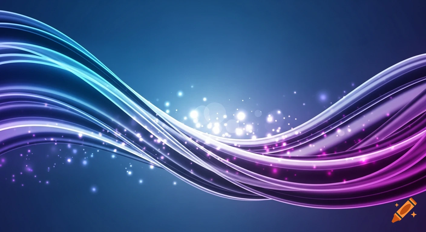 Abstract background with glowing blue and purple wavy lines, illuminated by sparkling light particles.