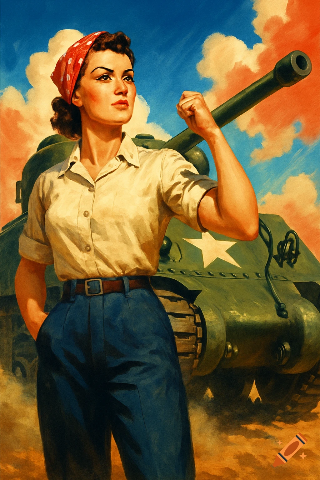 Woman in red bandana and work clothes flexes arm, standing proudly before a WWII tank in an American propaganda poster style.