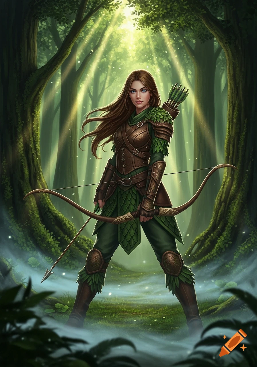 A female fantasy ranger with long brown hair and blue eyes stands in a luminous forest, holding a bow and quiver of arrows.