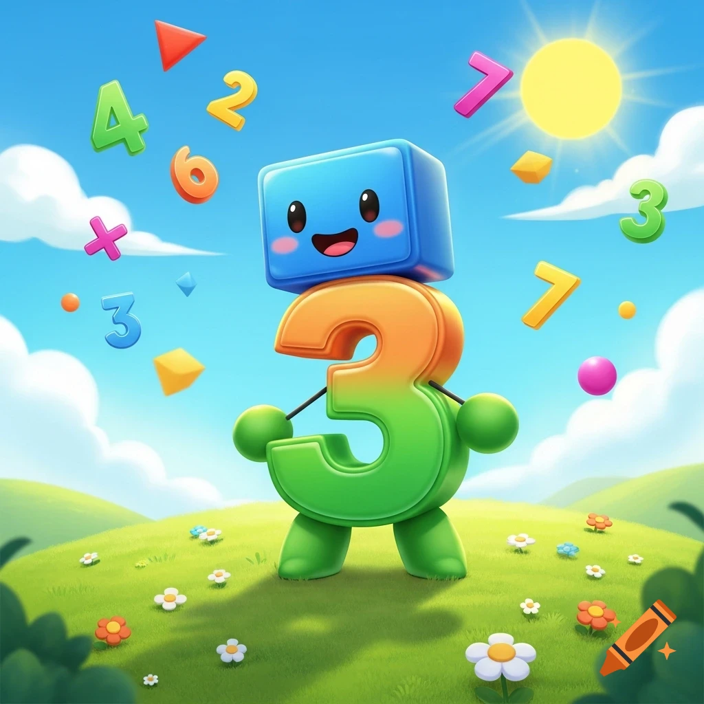 A cute cartoon blue cube character sits atop a smiling green number 3 with legs, standing in a sunny, flowery field under a blue sky with floating numbers.