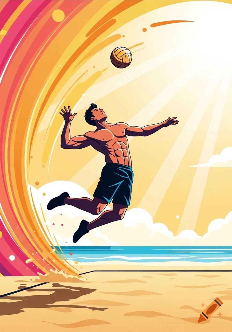 Vibrant 2D illustration of a shirtless male volleyball player leaping to hit a ball on a sunny beach.