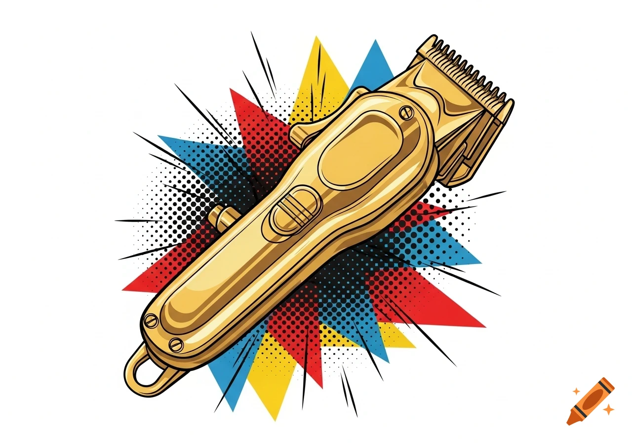 A gold hair clipper rendered in a pop art style, set against a white background with red, blue, and yellow starbursts and halftone dots.