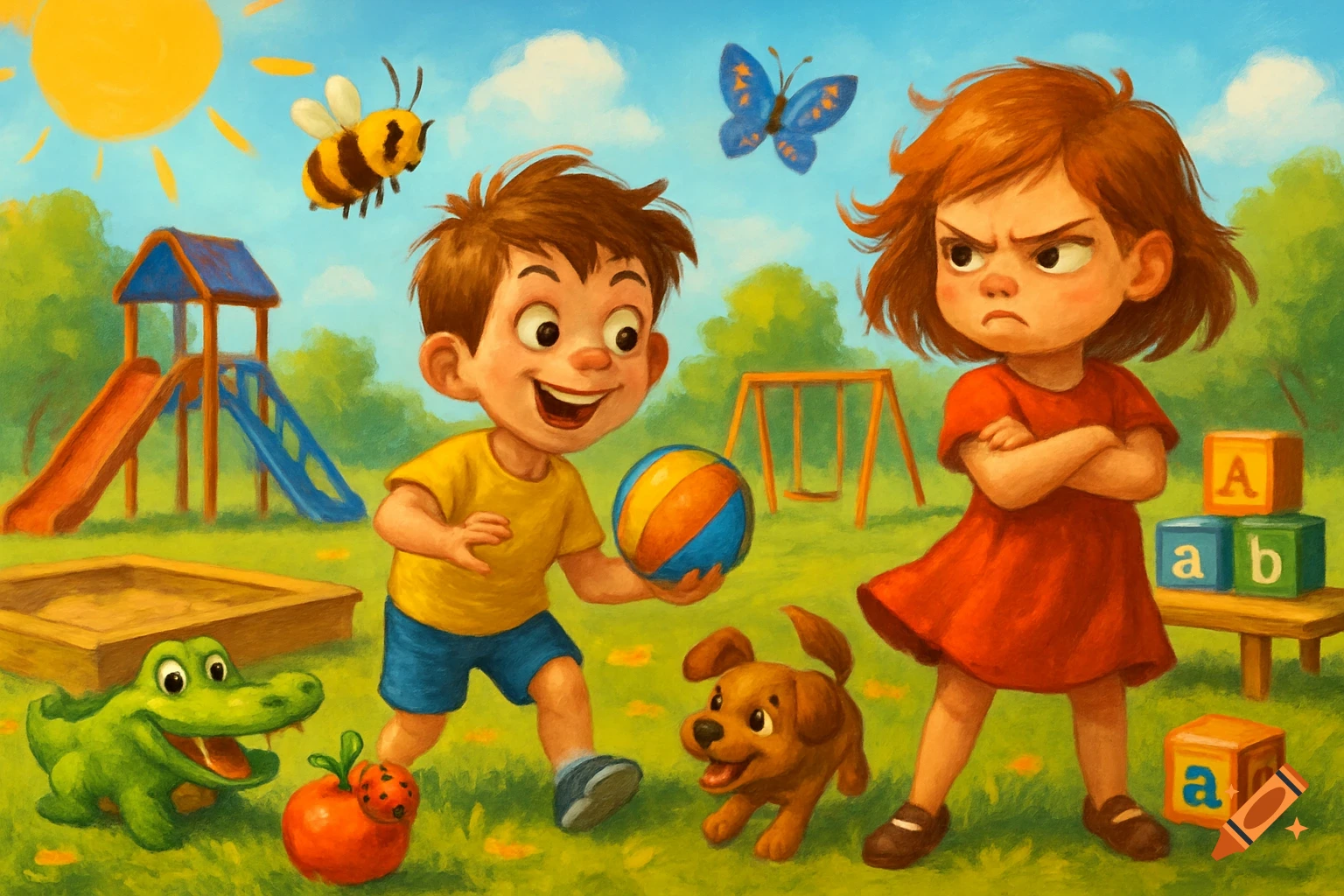 A smiling boy with a ball and a frowning girl with crossed arms at a colorful playground with a dog, alligator, bee, butterfly, and letter blocks.