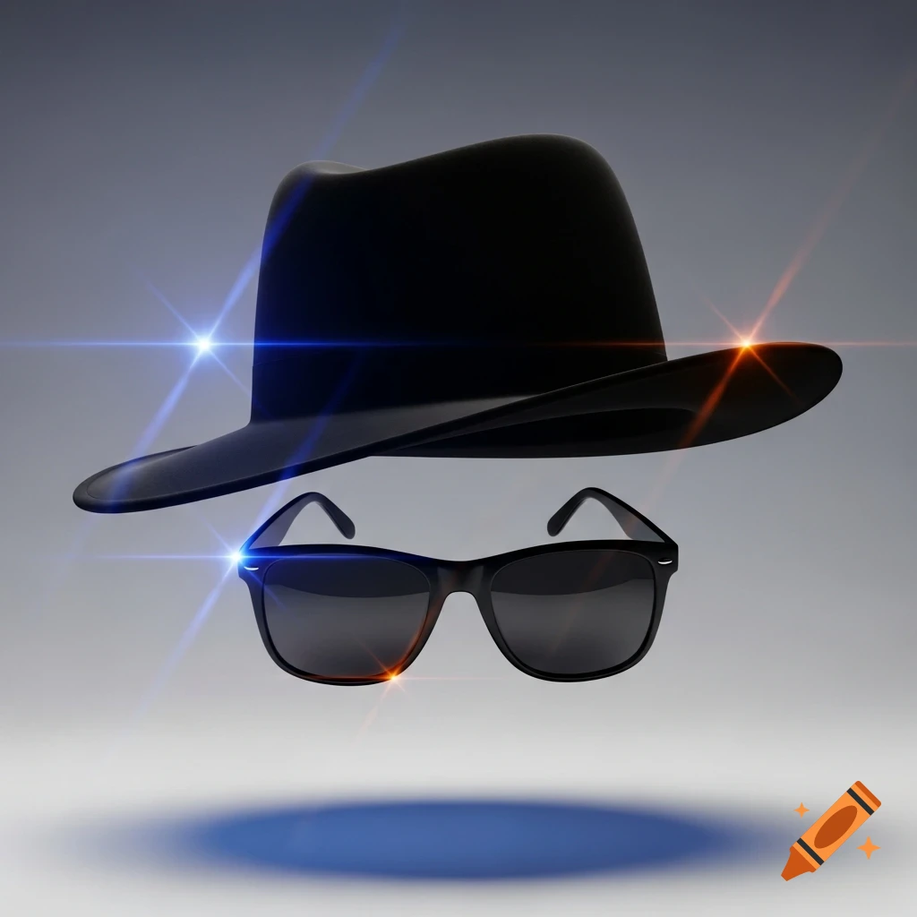A black fedora hat floats above black sunglasses against a grey background with lens flares.