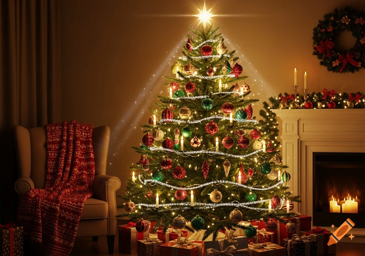 A beautifully decorated Christmas tree with gifts below, sparkling brightly in a cozy room with a fireplace and an armchair.
