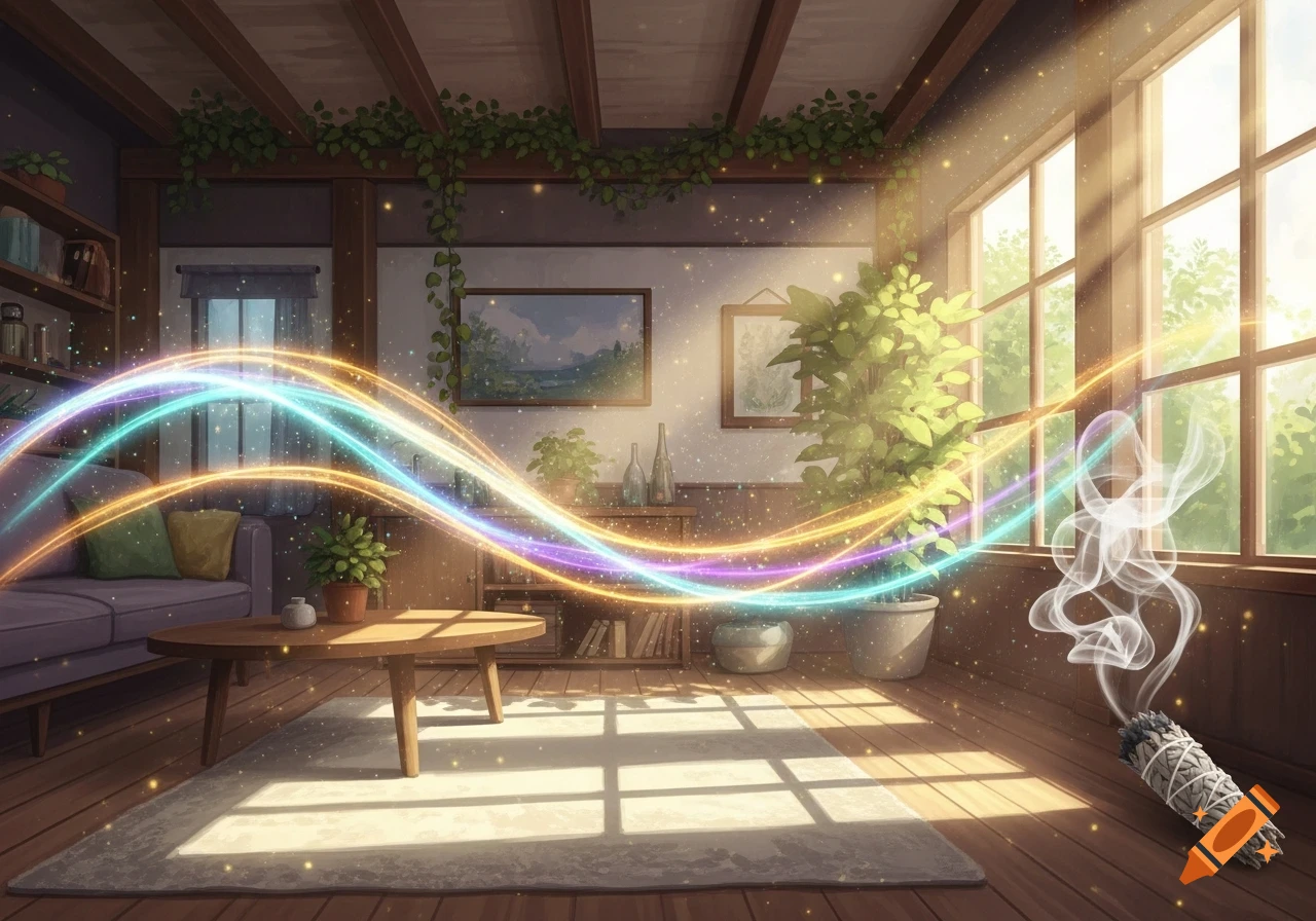 Stylized image of a sunny, cozy room with plants, light trails, and a burning sage stick for energy cleansing.