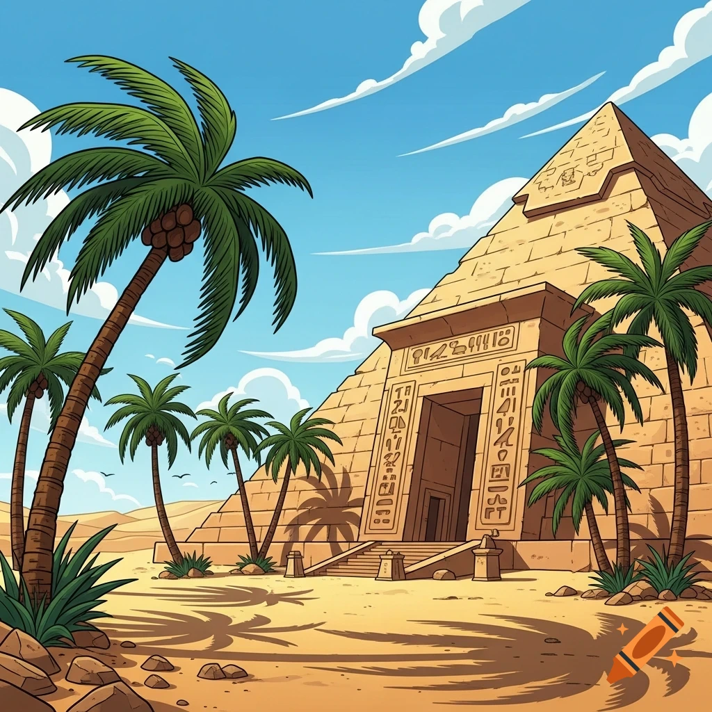 Cartoon illustration of a desert landscape featuring an Egyptian pyramid with a detailed entrance, flanked by tall palm trees under a blue sky with clouds.