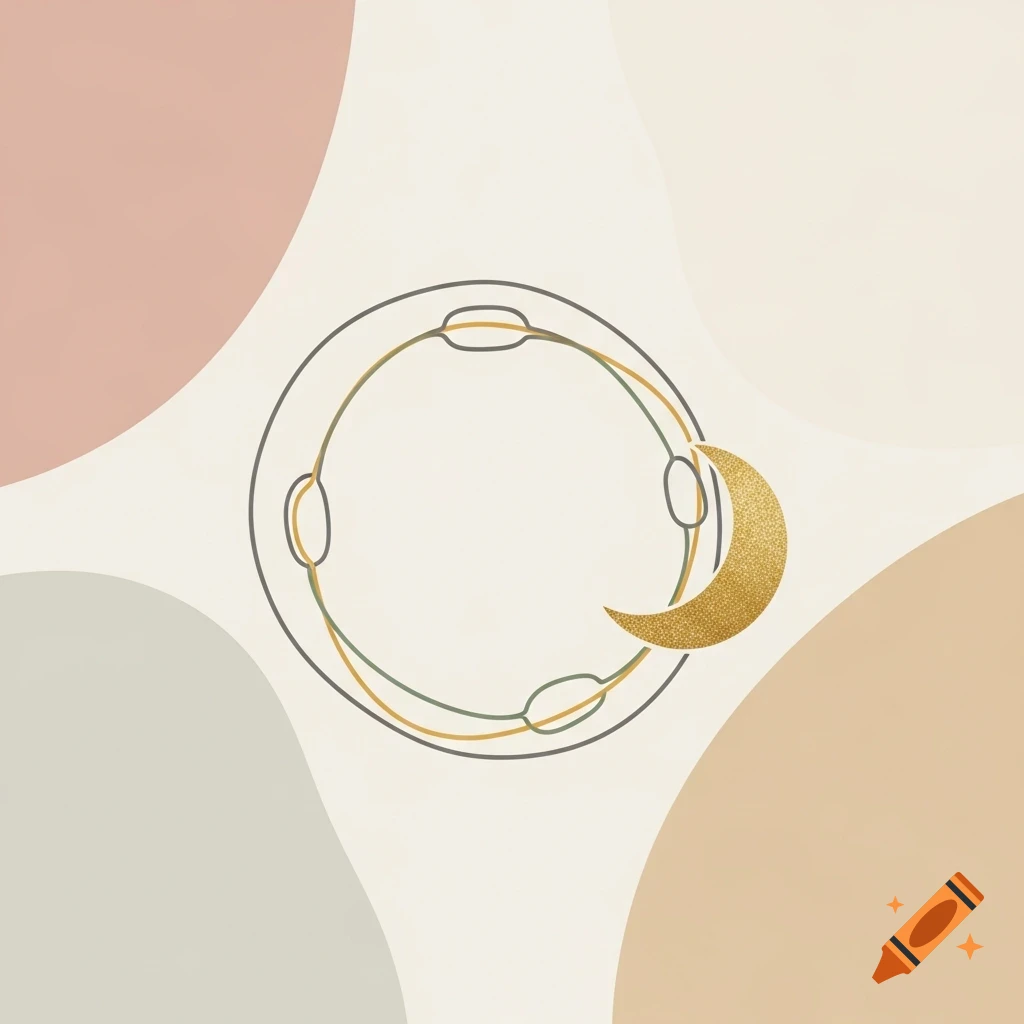 A minimalist abstract illustration featuring a circle with fine lines, a golden crescent moon, and soft, organic background shapes.