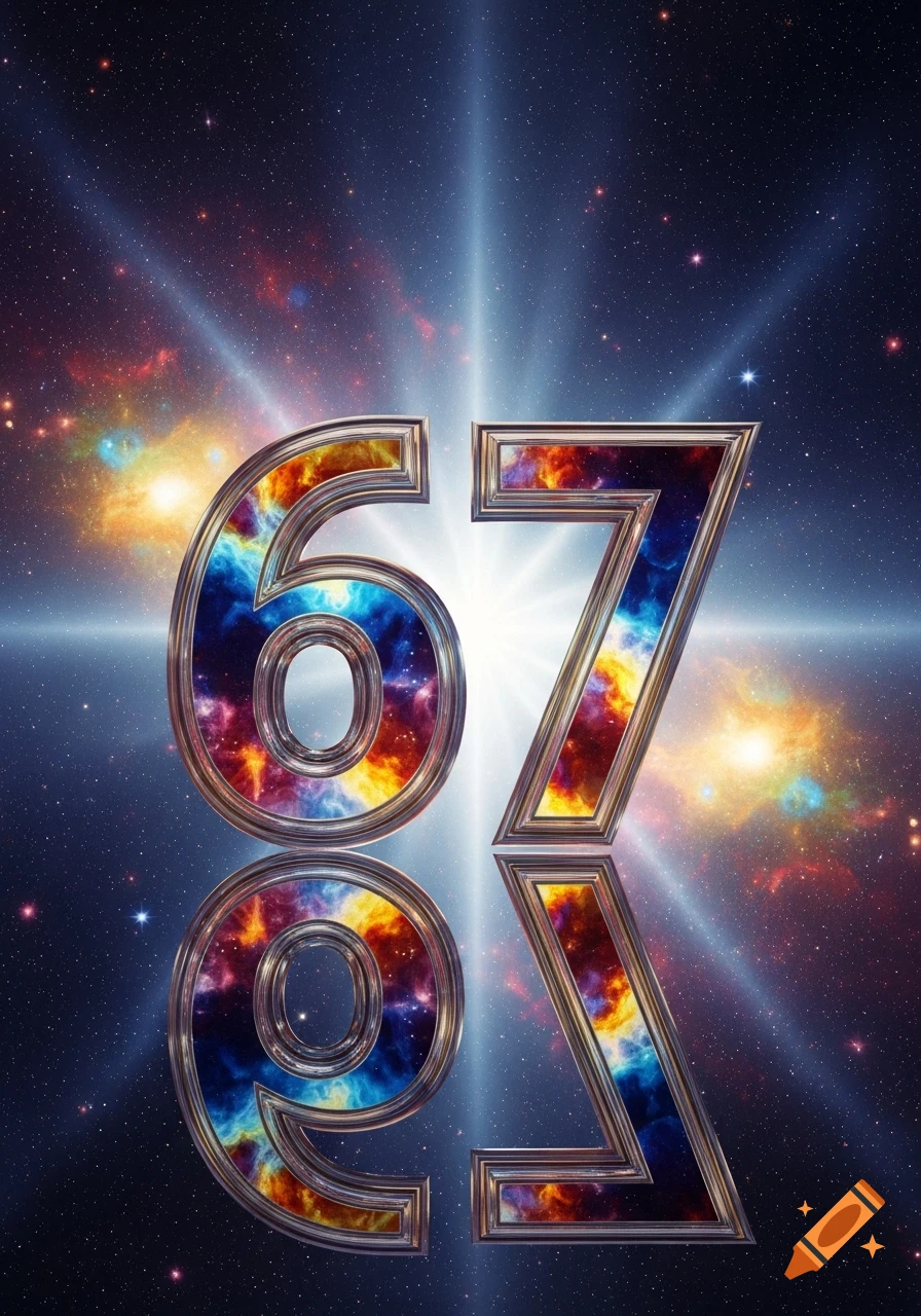 Vibrant metallic numbers '67' with nebula patterns reflecting on a surface, set against a cosmic background with stars and light rays.