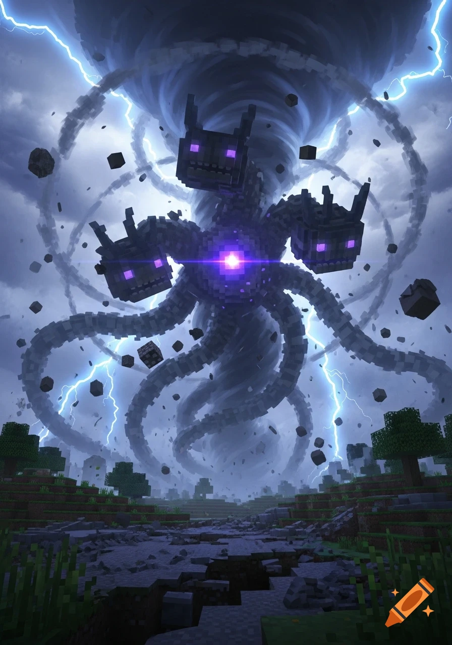 A giant, multi-headed Wither Storm monster with glowing purple eyes and tentacles looms over a devastated Minecraft landscape under a stormy, lightning-filled sky.