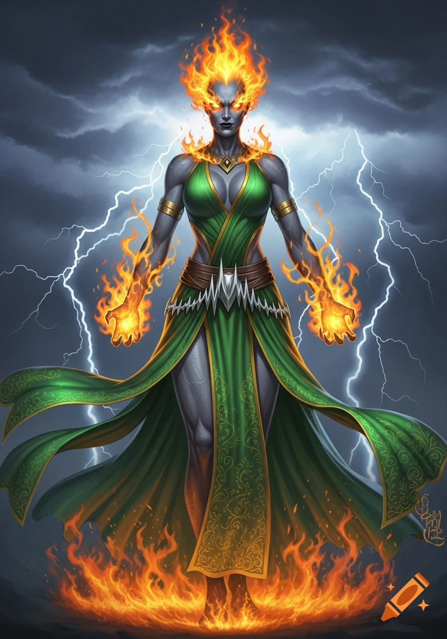 A powerful grey-skinned woman with fiery hair and hands, wearing a green dress, stands amidst lightning and flames.