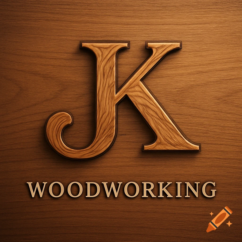 A brown wooden logo featuring the letters JK above the word WOODWORKING, carved into a wooden background.