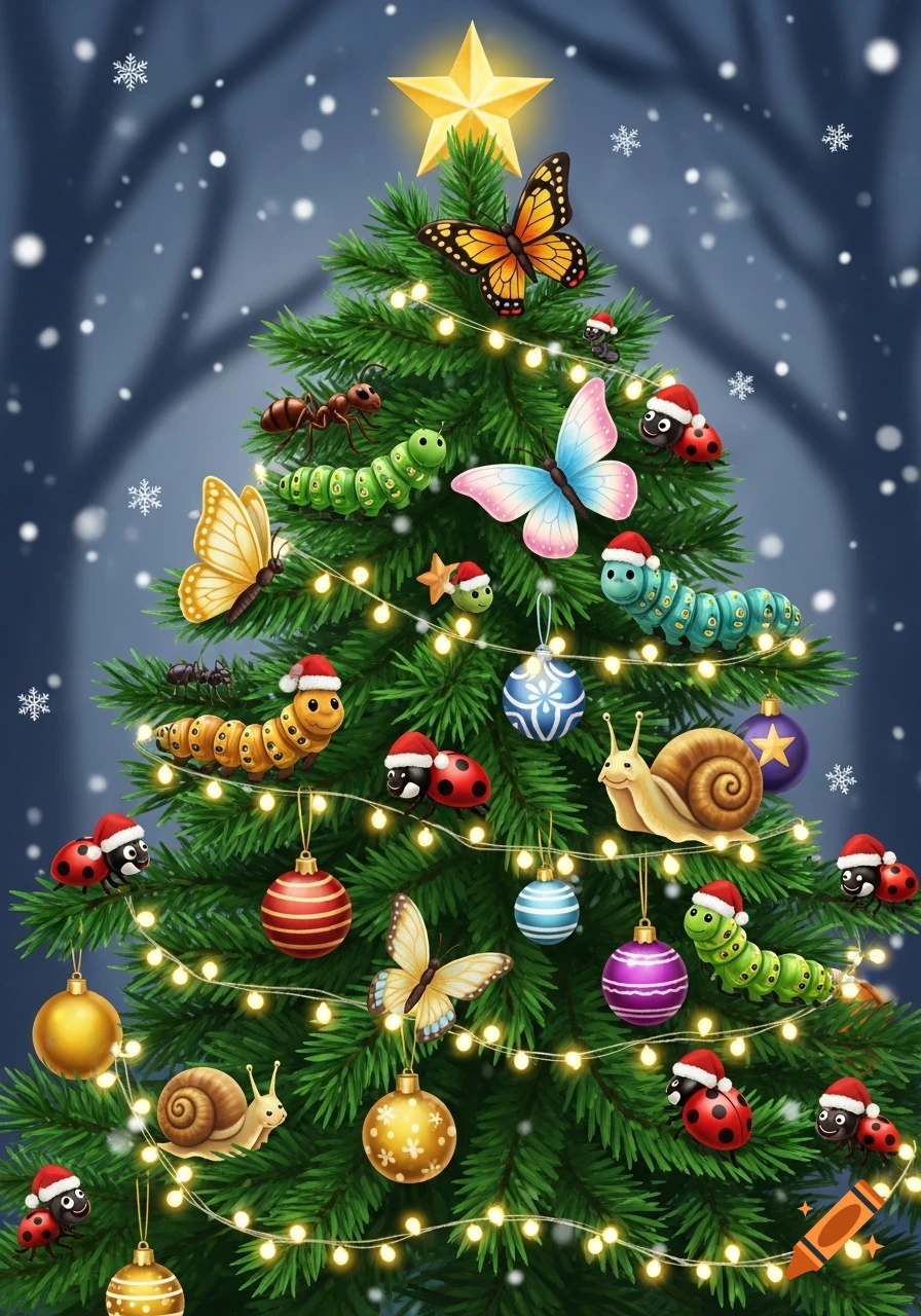 A colorful Christmas tree adorned with lights, ornaments, cartoon insects, and snails wearing Santa hats in a snowy scene.