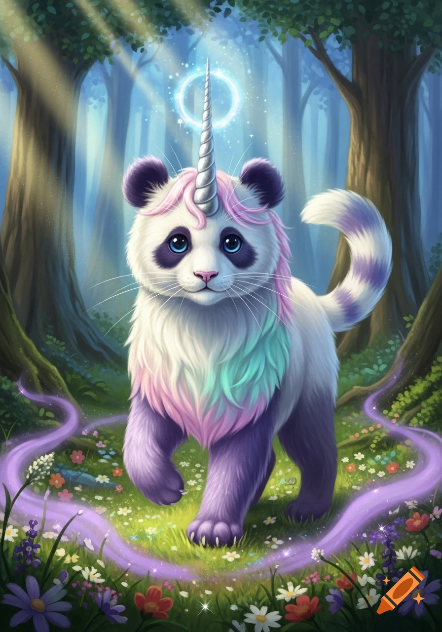 A cute unicorn panda cat with colorful fur and a silver horn stands in a sunlit fantasy forest with glowing purple trails and flowers.