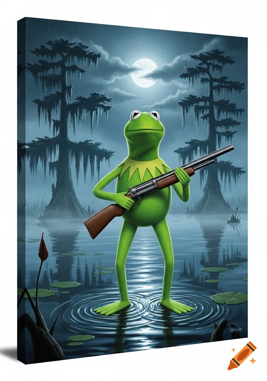 Kermit the Frog stands in a moonlit swamp, holding a shotgun in a digital illustration.